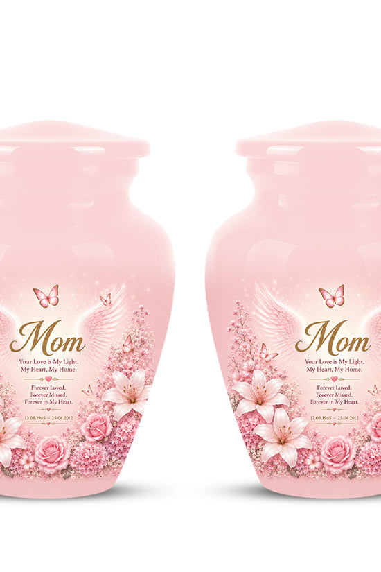 Angel Wings Funeral Urn for Mom – Pink Aluminium Burial Urn for Human Ashes