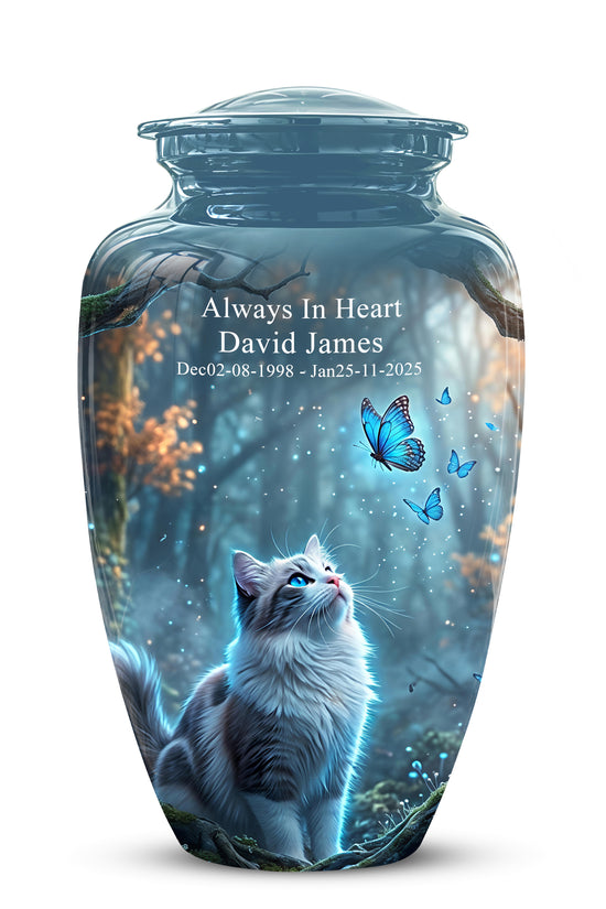 White Cat With Flying Butterfly - Custom Handcrafted Urns For Humans
