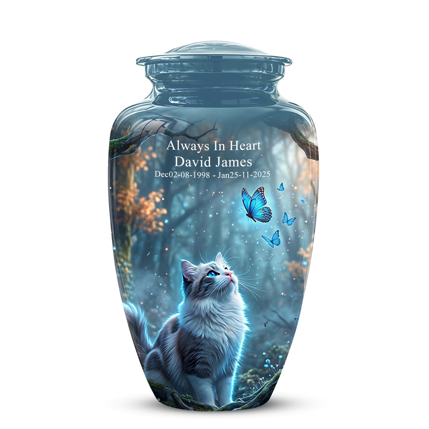 White Cat With Flying Butterfly - Custom Handcrafted Urns For Humans