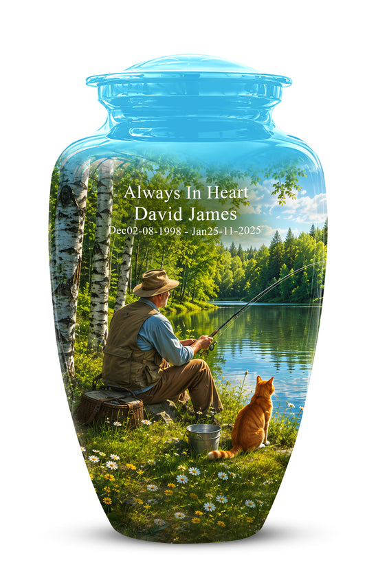Fisherman With Cat - Artistic Fishing Memorial Urns For Men & Women