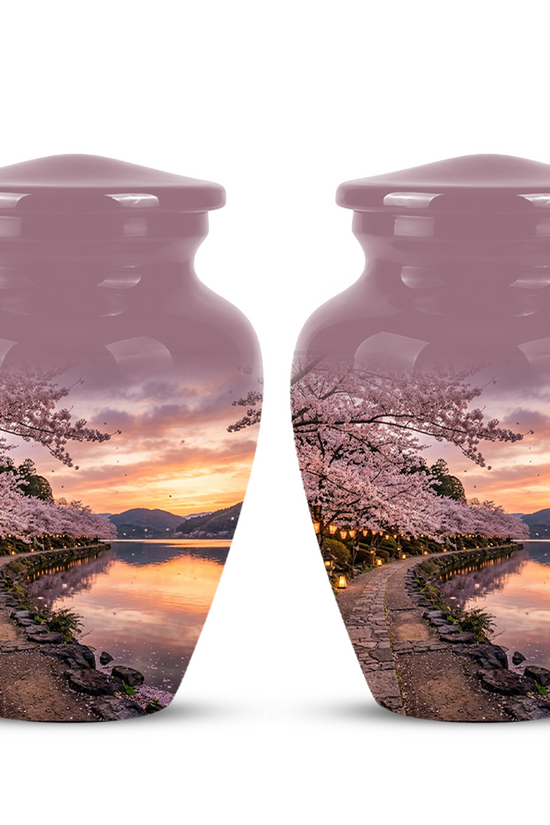 Pink Spring Tree Cremation Urns - Beautiful Nature Sunset Burial Urns