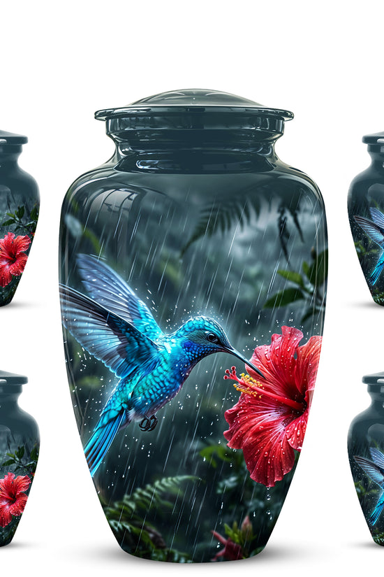 Blue Hummingbird With Red Flower - Personalized Memorial Urns For Ashes