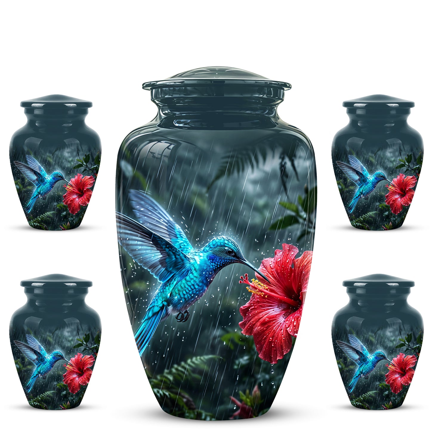 Blue Hummingbird With Red Flower - Personalized Memorial Urns For Ashes