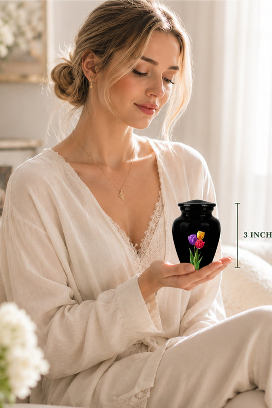 Colorful Tulips Flower Cremation Urn - Personalized Black Urns On Sale