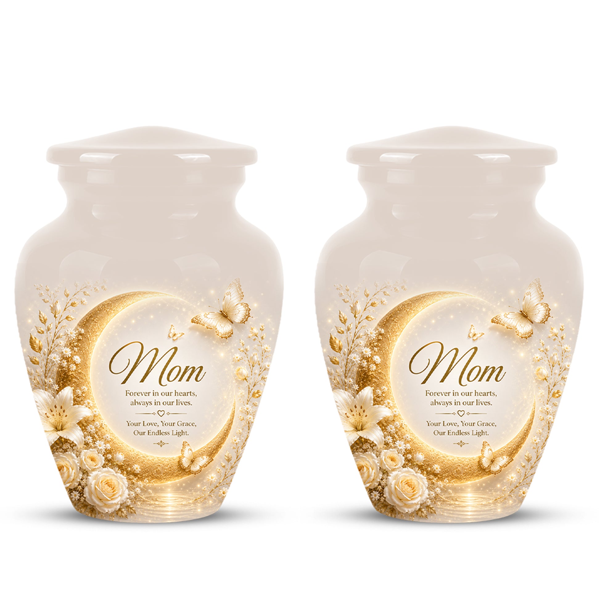 Floral Memorial Urn for Mom – White Aluminium Cremation Urn for Ashes