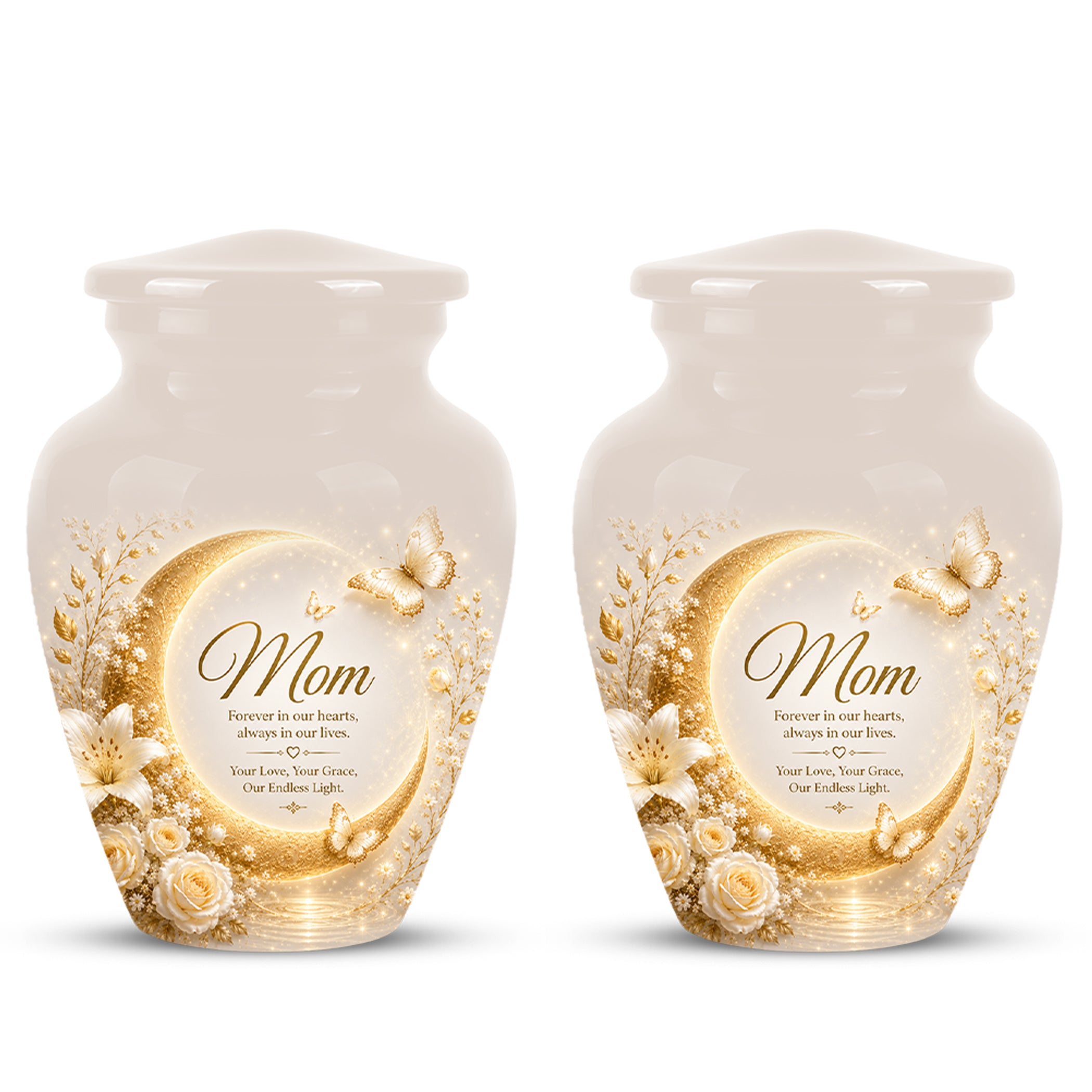 Floral Memorial Urn for Mom – White Aluminium Cremation Urn for Ashes