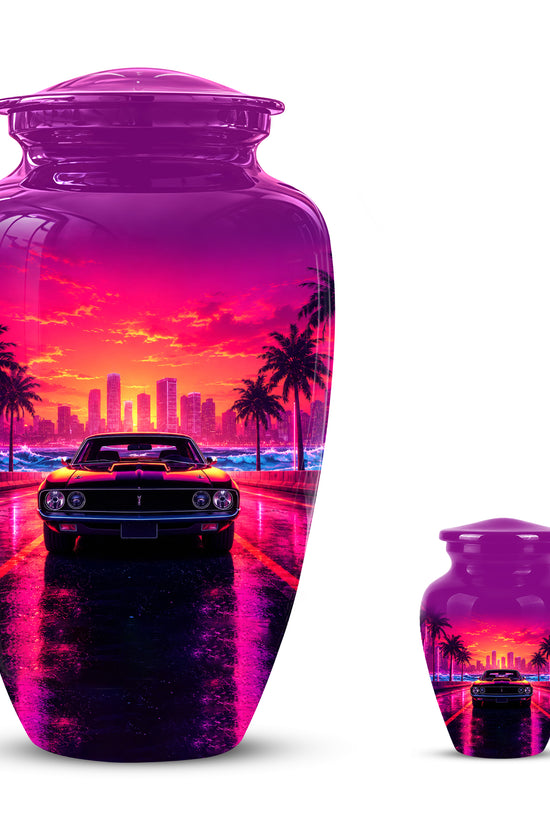 Neon Sunset Cityscape Sports Car Urn - Artistic Cremation Urn On Sale