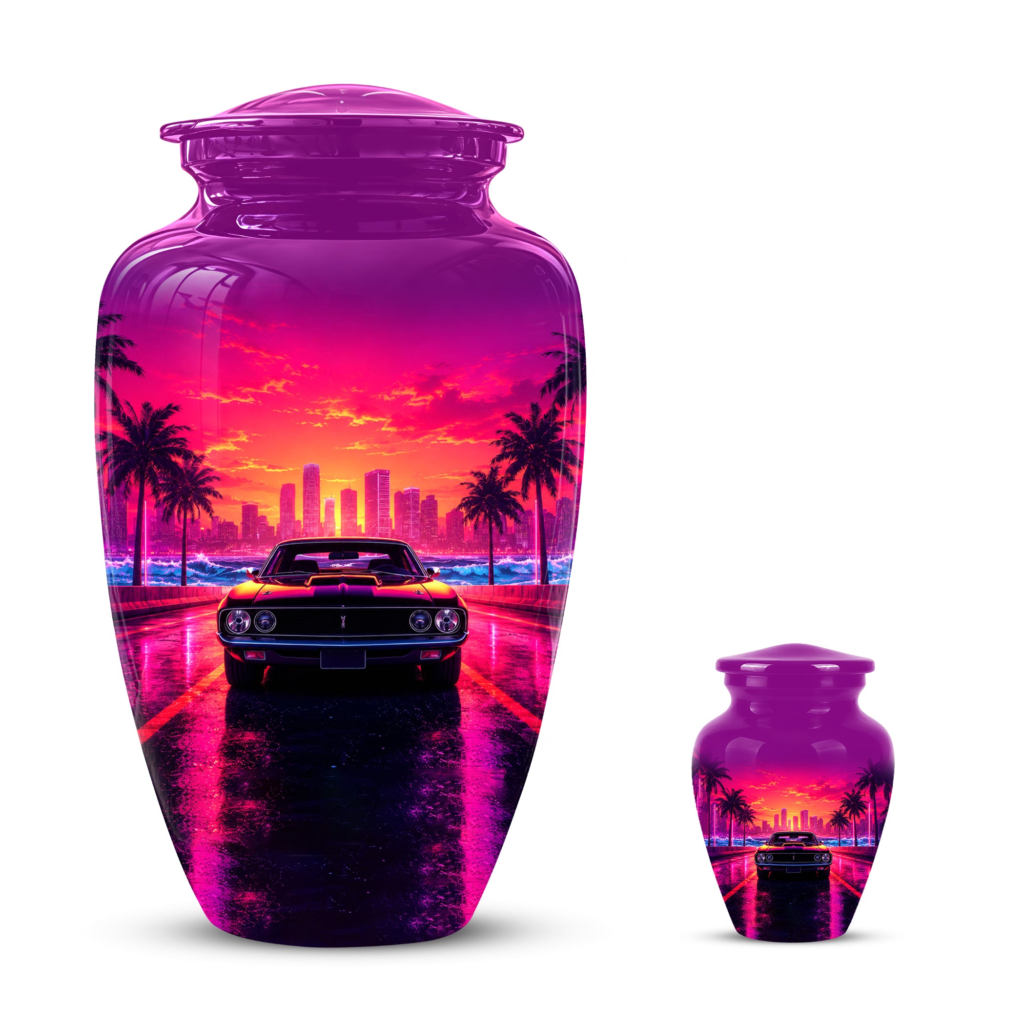 Neon Sunset Cityscape Sports Car Urn - Artistic Cremation Urn On Sale