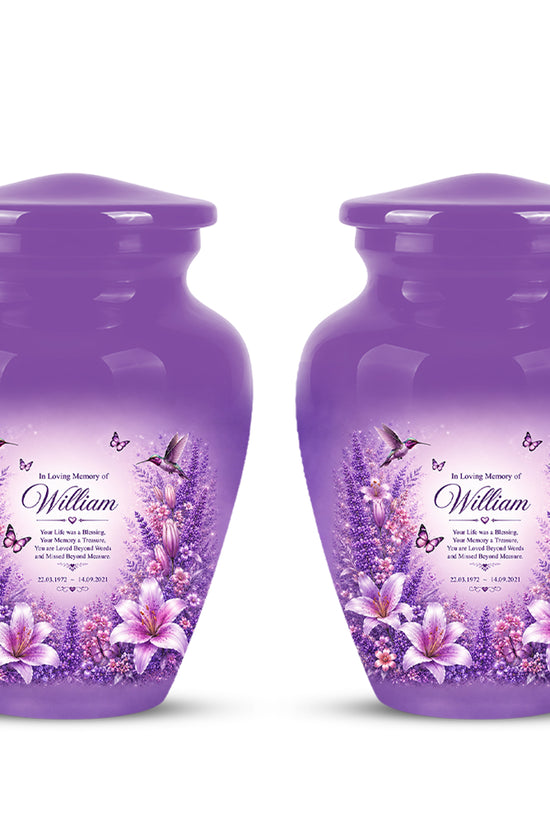 Lavender Hummingbird Urn – Purple Floral Urn for Human Ashes