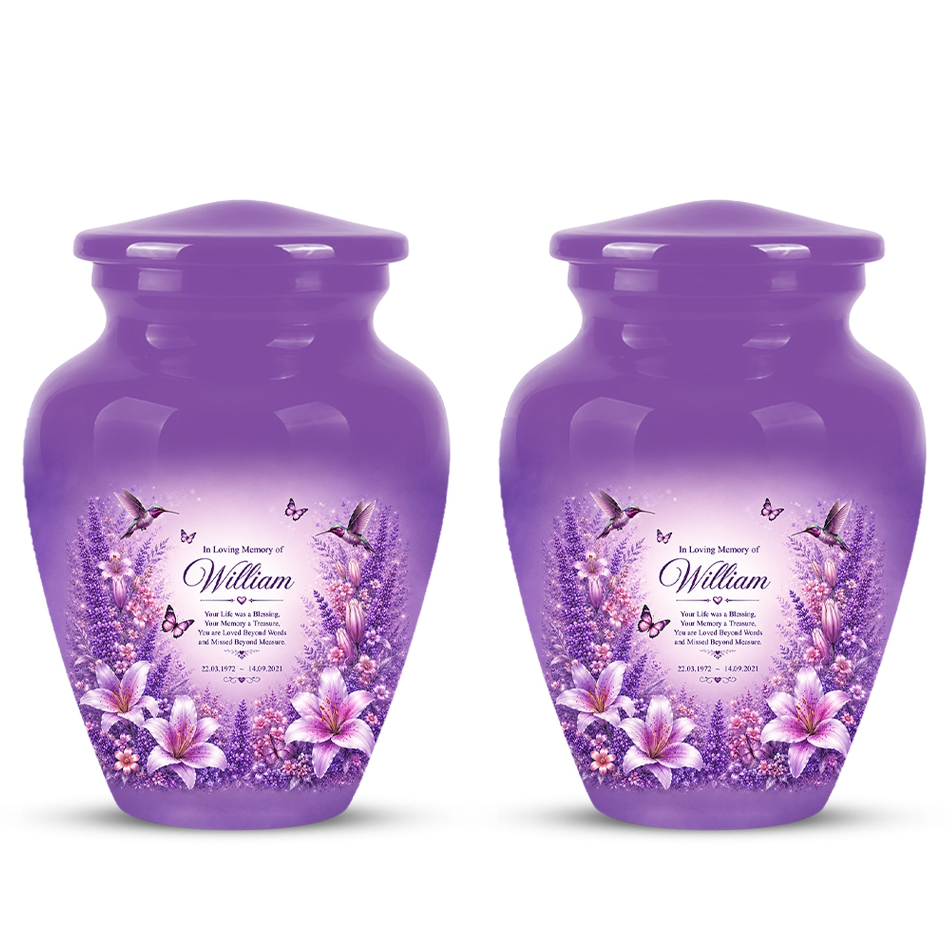 Lavender Hummingbird Urn – Purple Floral Urn for Human Ashes