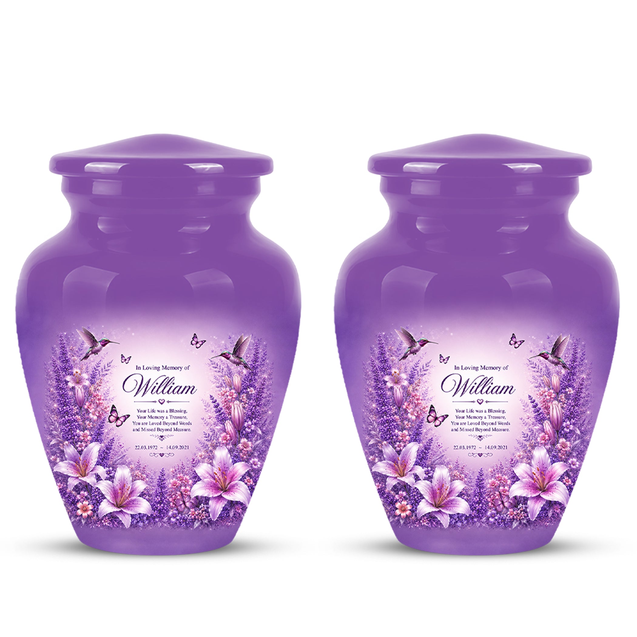 Lavender Hummingbird Urn – Purple Floral Urn for Human Ashes