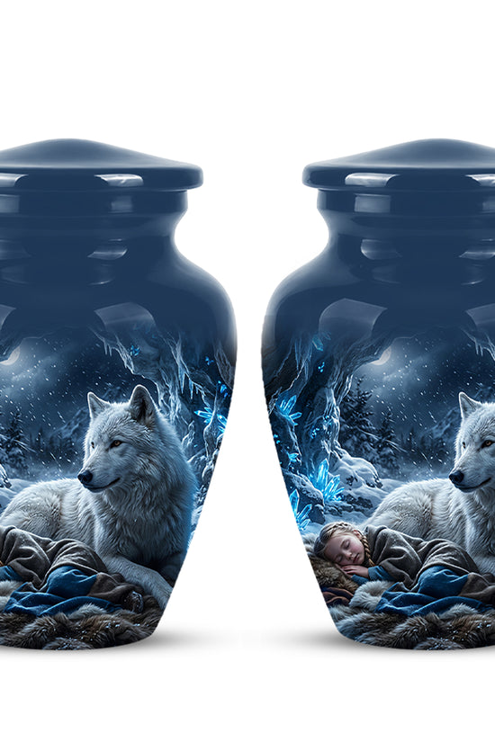 White Wolf With Girl Urn - Custom Memorial Urns For Men & Women Ashes