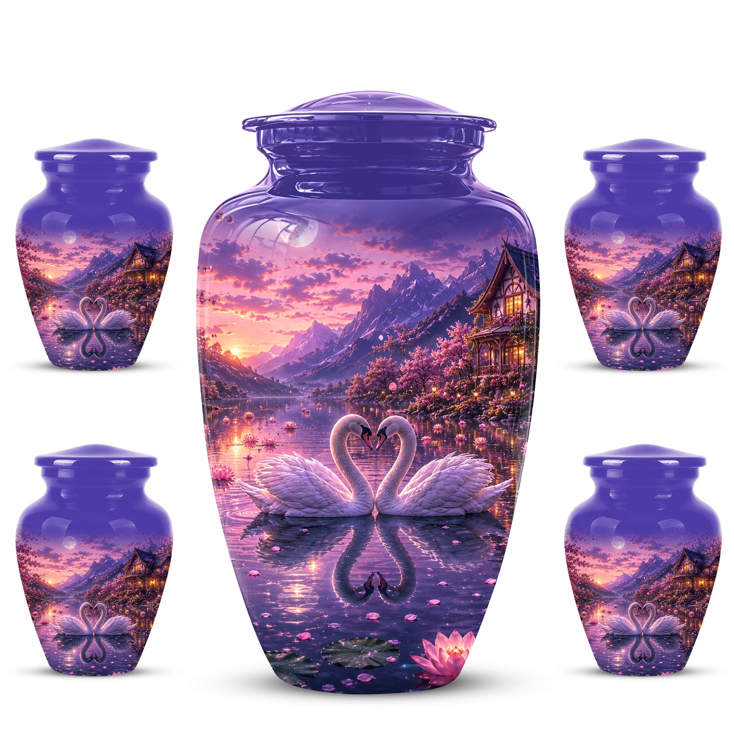 Couple Swan Cremation Urn - Purple Memorial Urns For Loved Ones Ashes