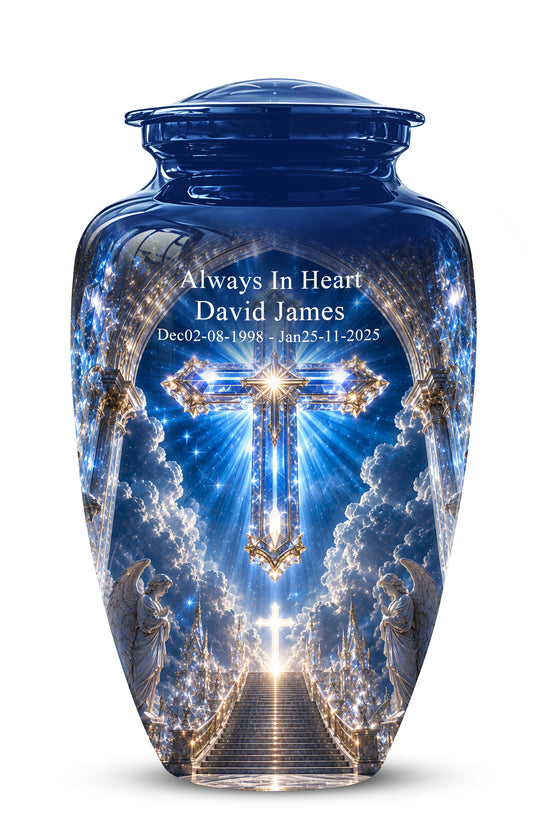 Heavenly Cross Cremation Urn – Blue Memorial Urn For Human Ashes