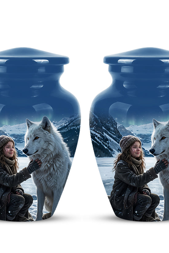 Snowy Moonlit White Wolf Urn for Ashes | Custom Memorial Urn