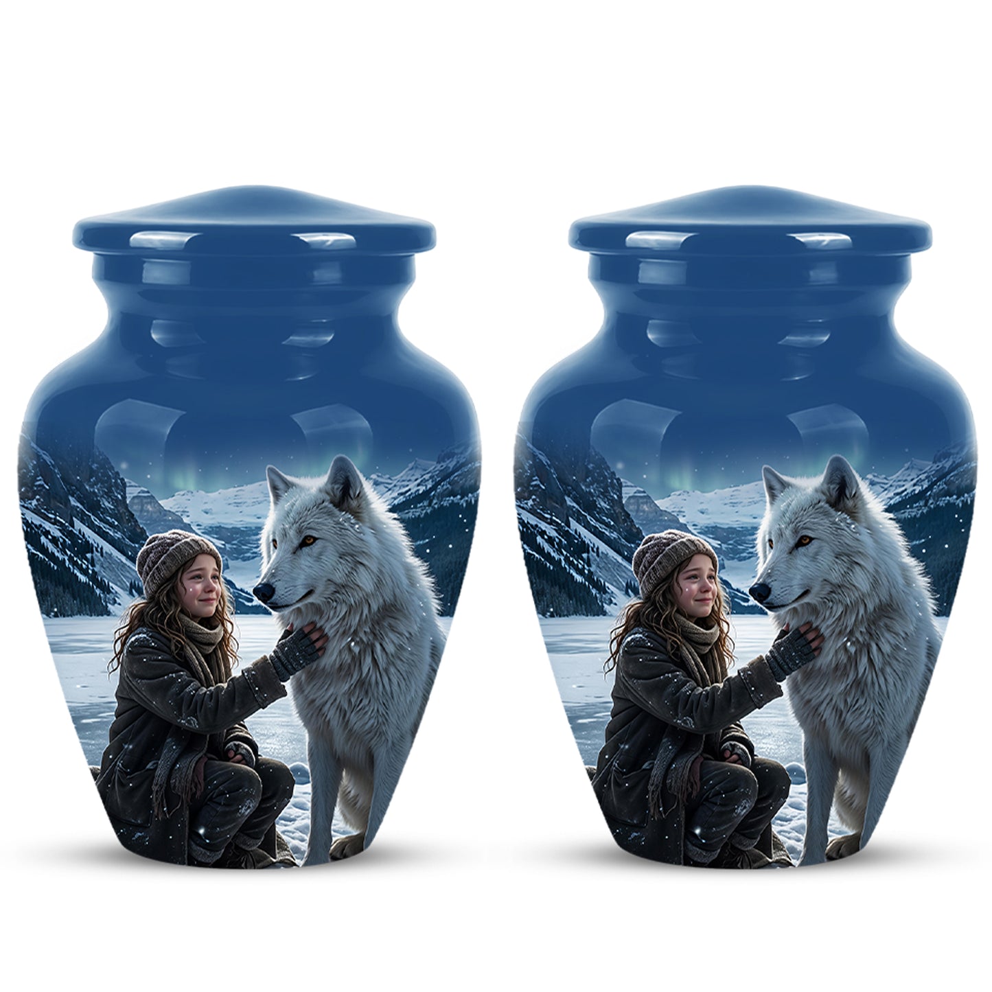 Snowy Moonlit White Wolf Urn for Ashes | Custom Memorial Urn