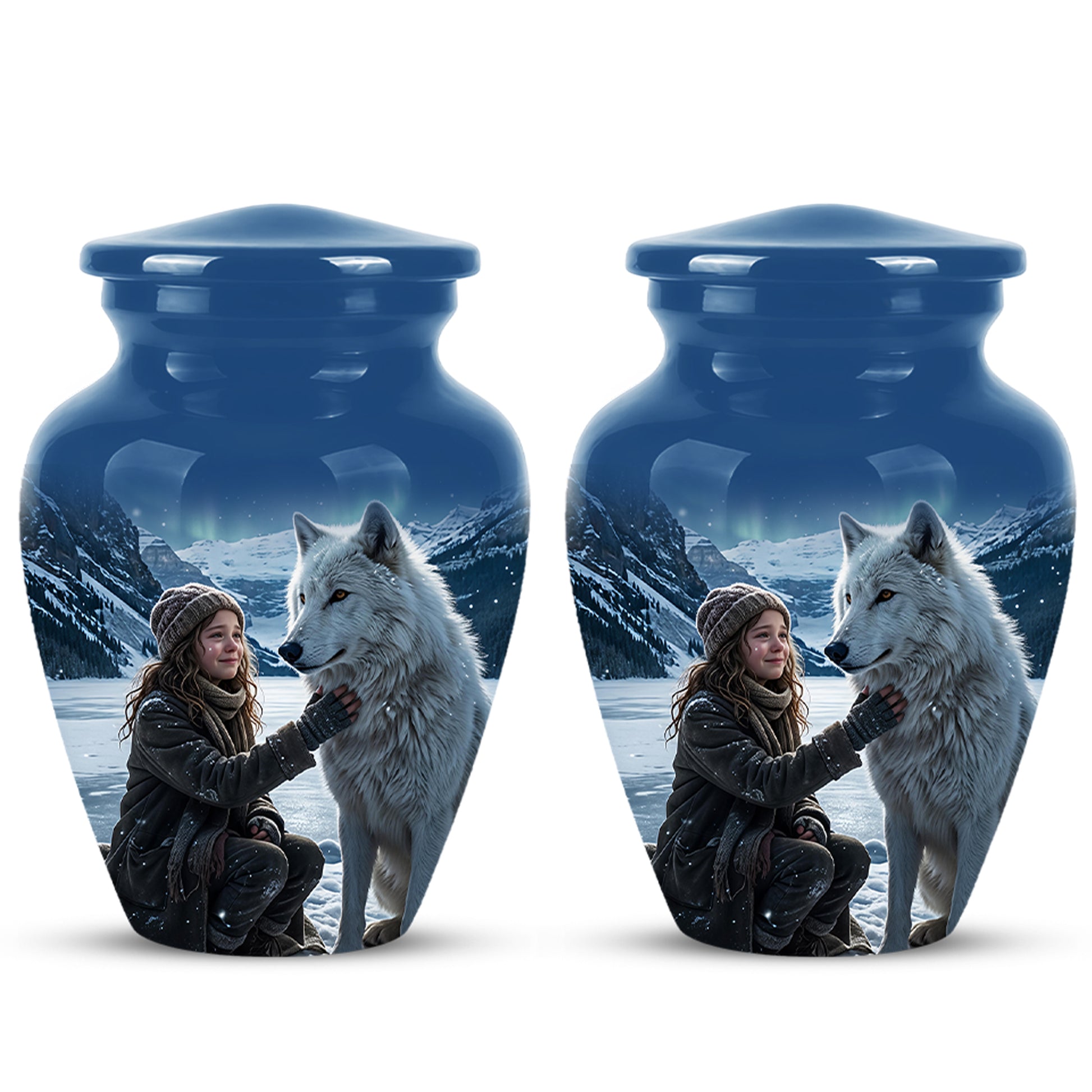 Snowy Moonlit White Wolf Urn for Ashes | Custom Memorial Urn