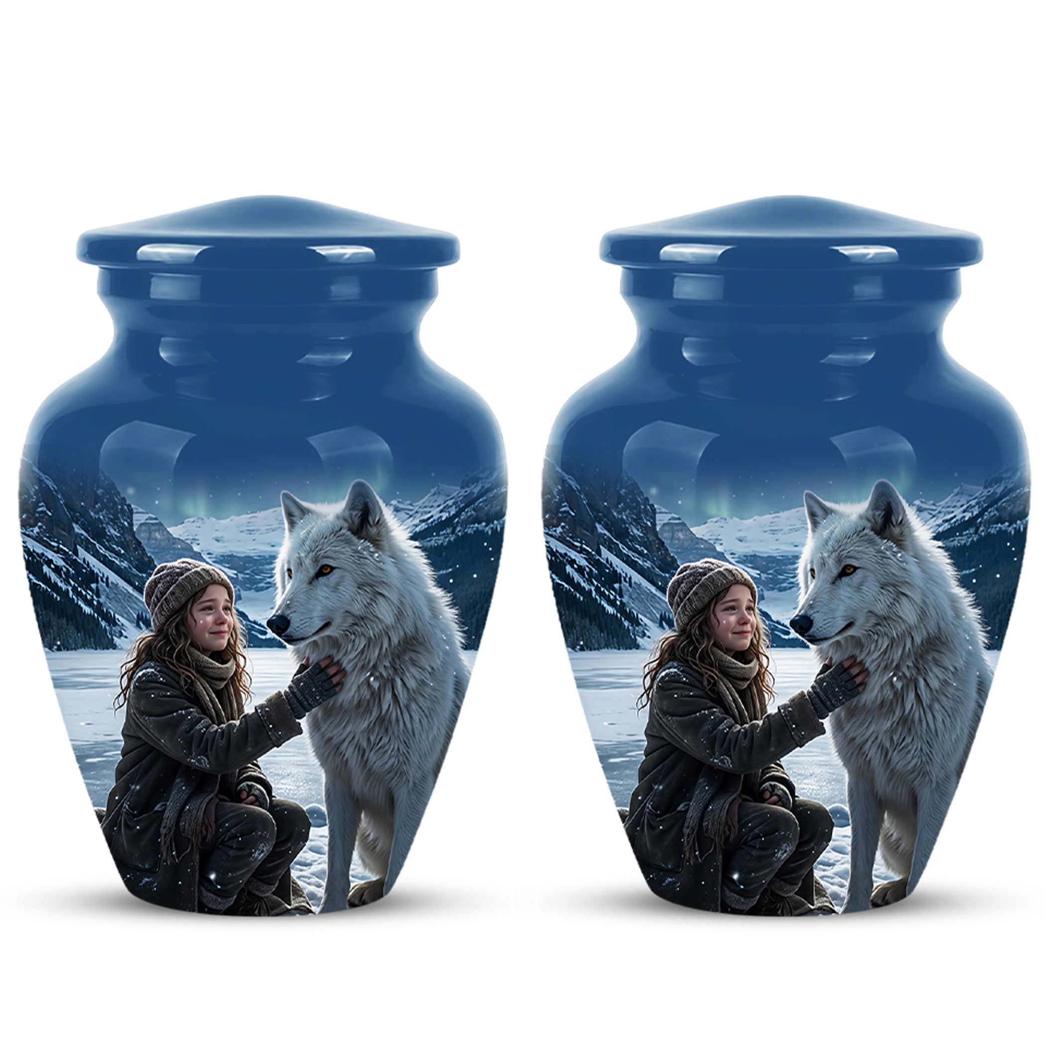 Snowy Moonlit White Wolf Urn for Ashes | Custom Memorial Urn