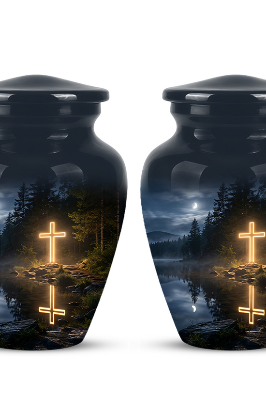 Glowing Cross In Forest - A Peaceful Tribute For Spiritual Human Ashes