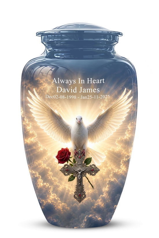 White Dove Bird With Rose - Blue Memorial Urns For Human Ashes