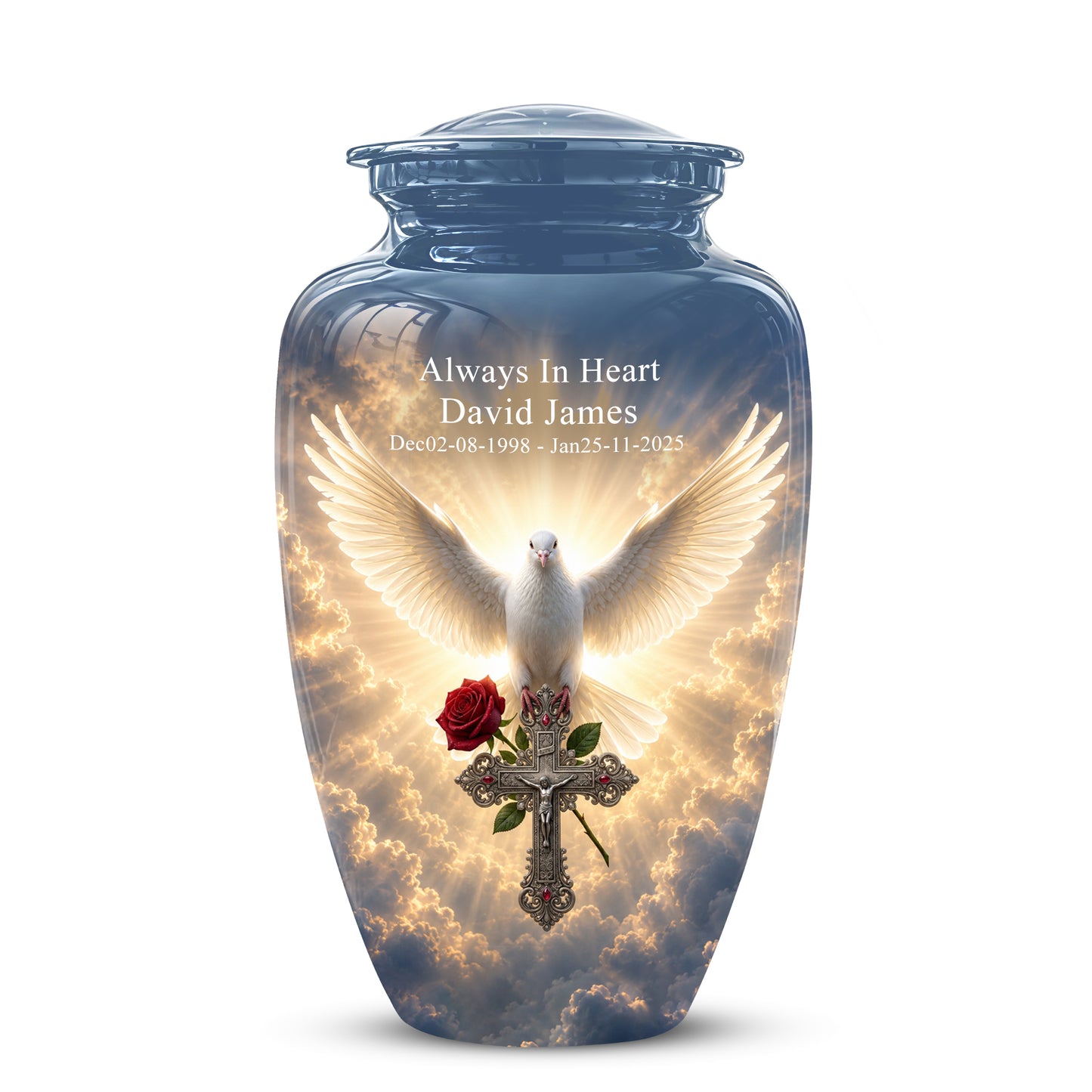 White Dove Bird With Rose - Blue Memorial Urns For Human Ashes