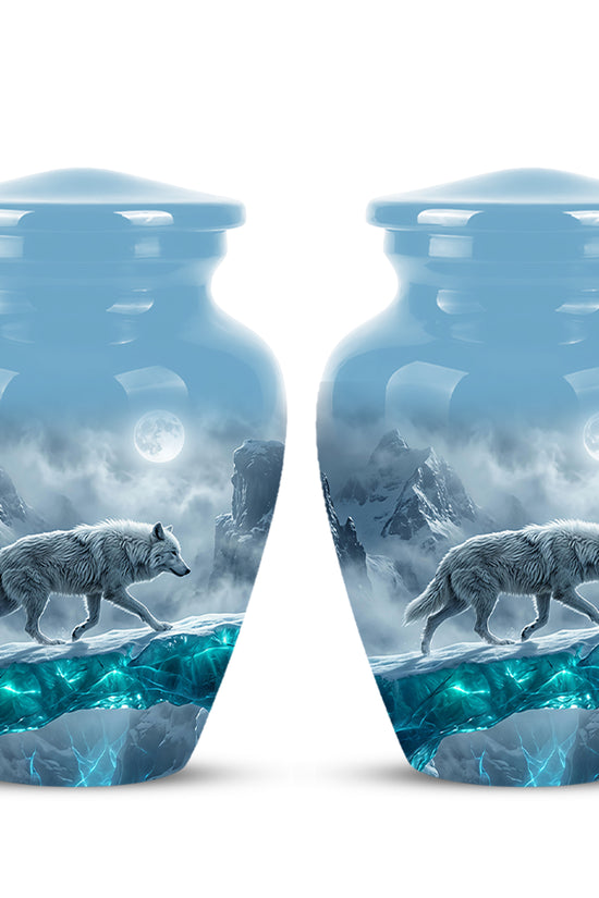 White Wolf In Snow Themed Urn - Classic Custom Urns For Human Ashes