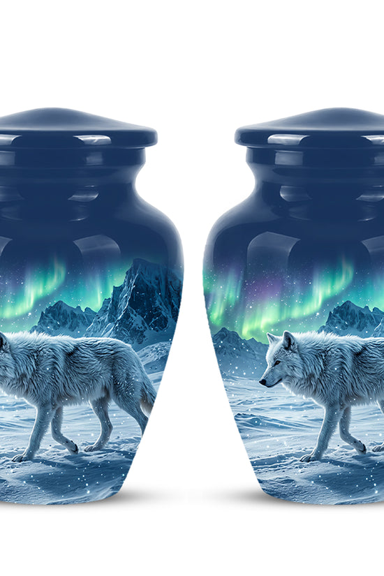 Snowy Wolf Cremation Urn - Northern Light Memorial Urn For Human Ashes