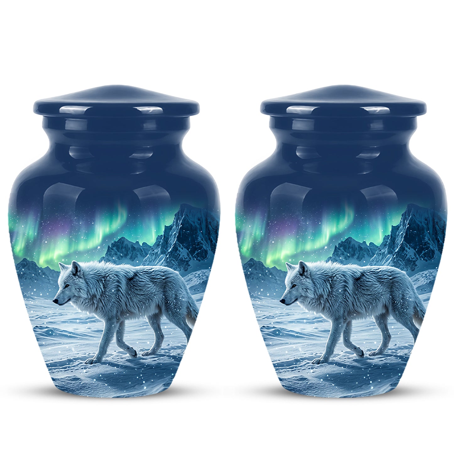 Snowy Wolf Cremation Urn - Northern Light Memorial Urn For Human Ashes
