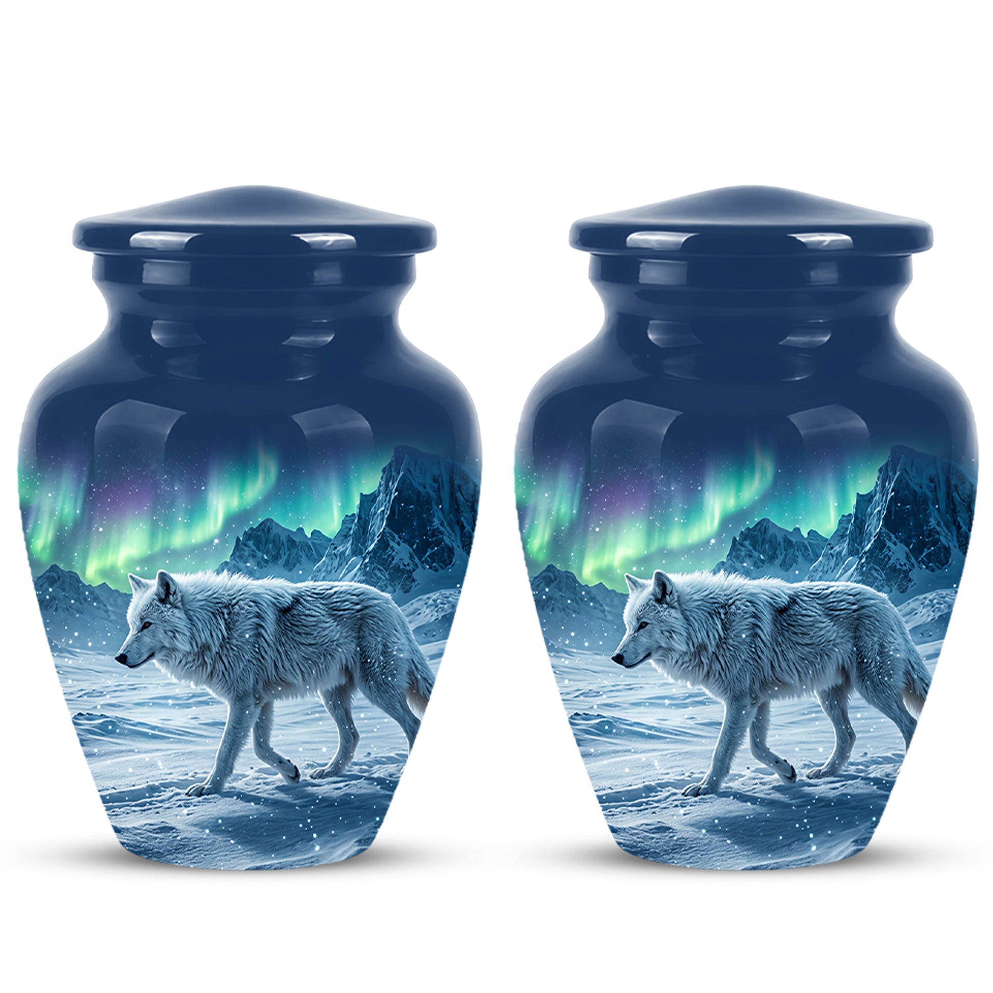 Snowy Wolf Cremation Urn - Northern Light Memorial Urn For Human Ashes