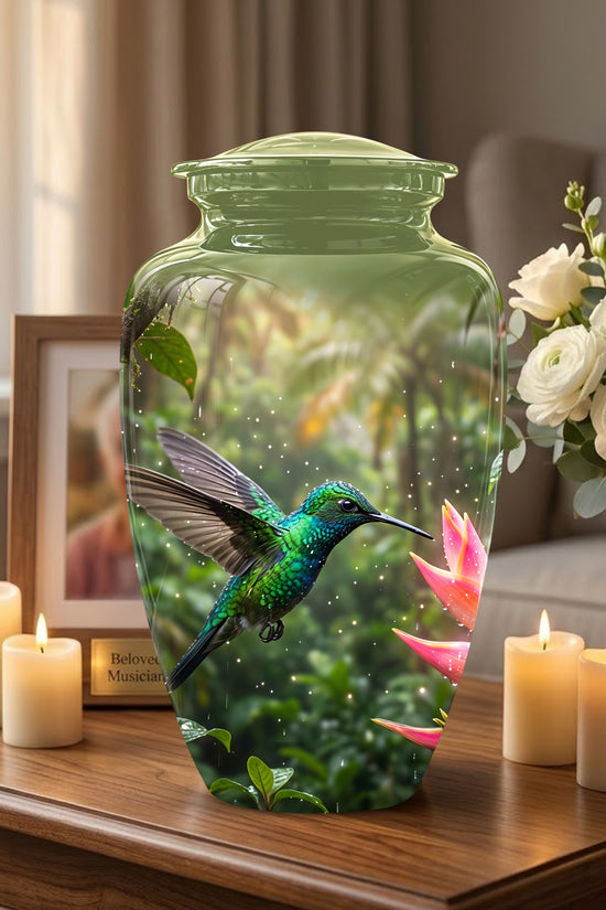 Celestial Flying Green Hummingbird Urn - Majestic Handcrafted Burial Urn