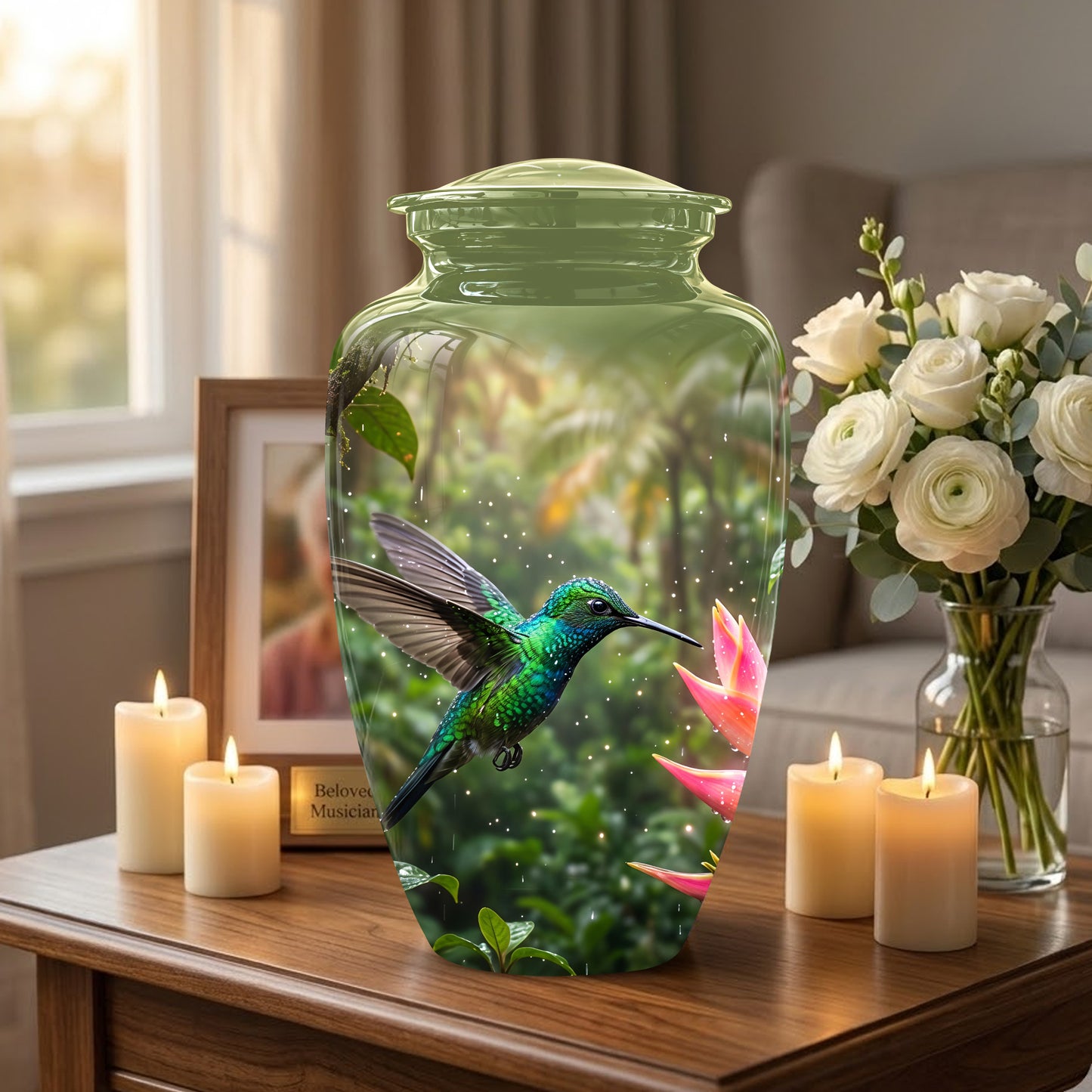 Celestial Flying Green Hummingbird Urn - Majestic Handcrafted Burial Urn