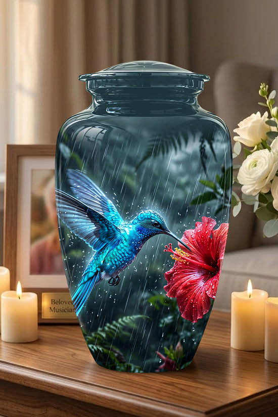 Blue Hummingbird With Red Flower - Personalized Memorial Urns For Ashes