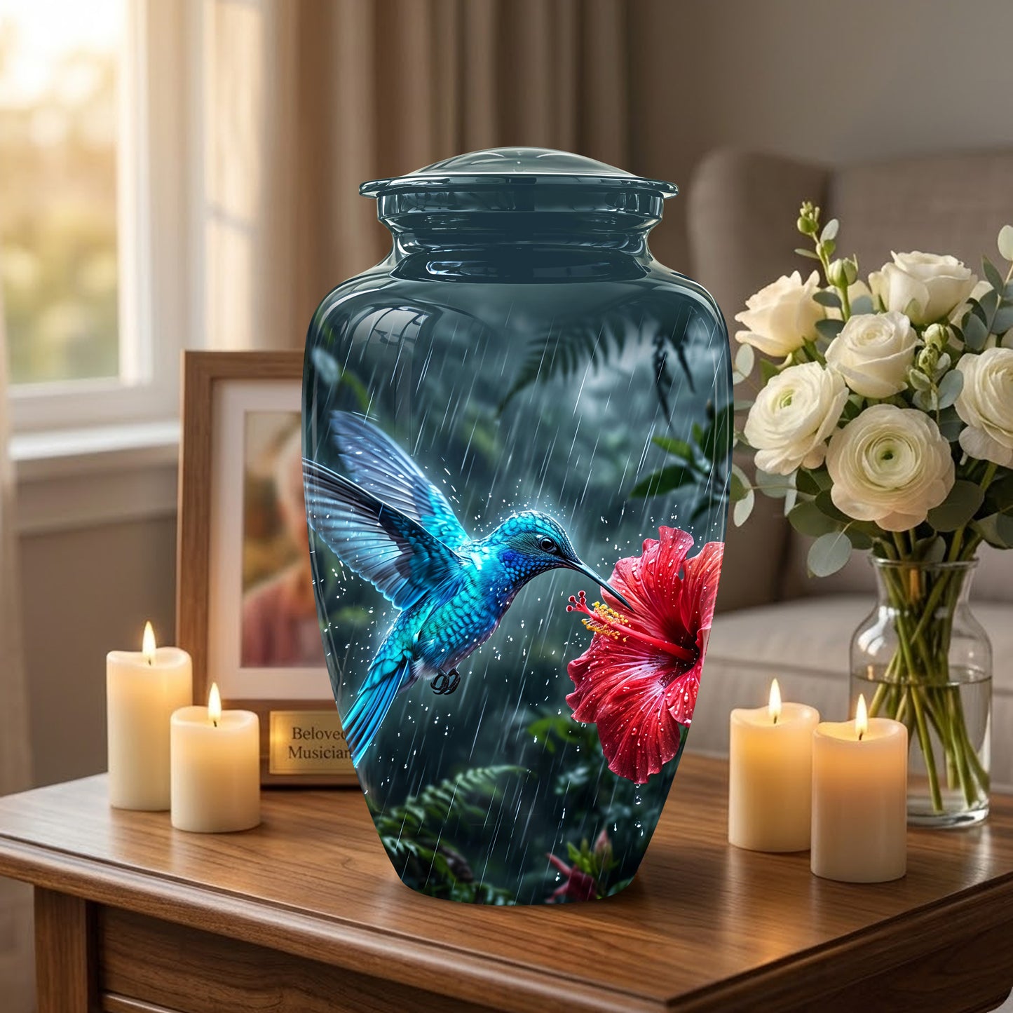 Blue Hummingbird With Red Flower - Personalized Memorial Urns For Ashes