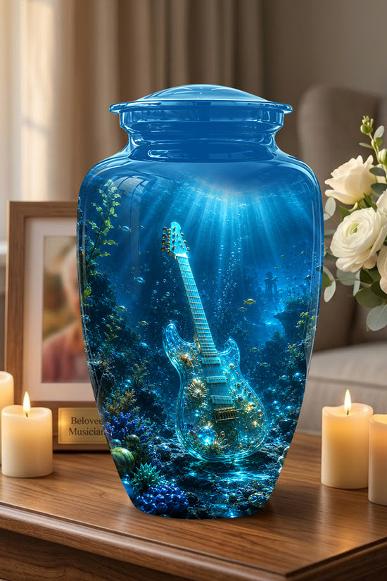 Underwater Guitar Themed Urn -Peaceful Memorial Tribute Urns For Ashes