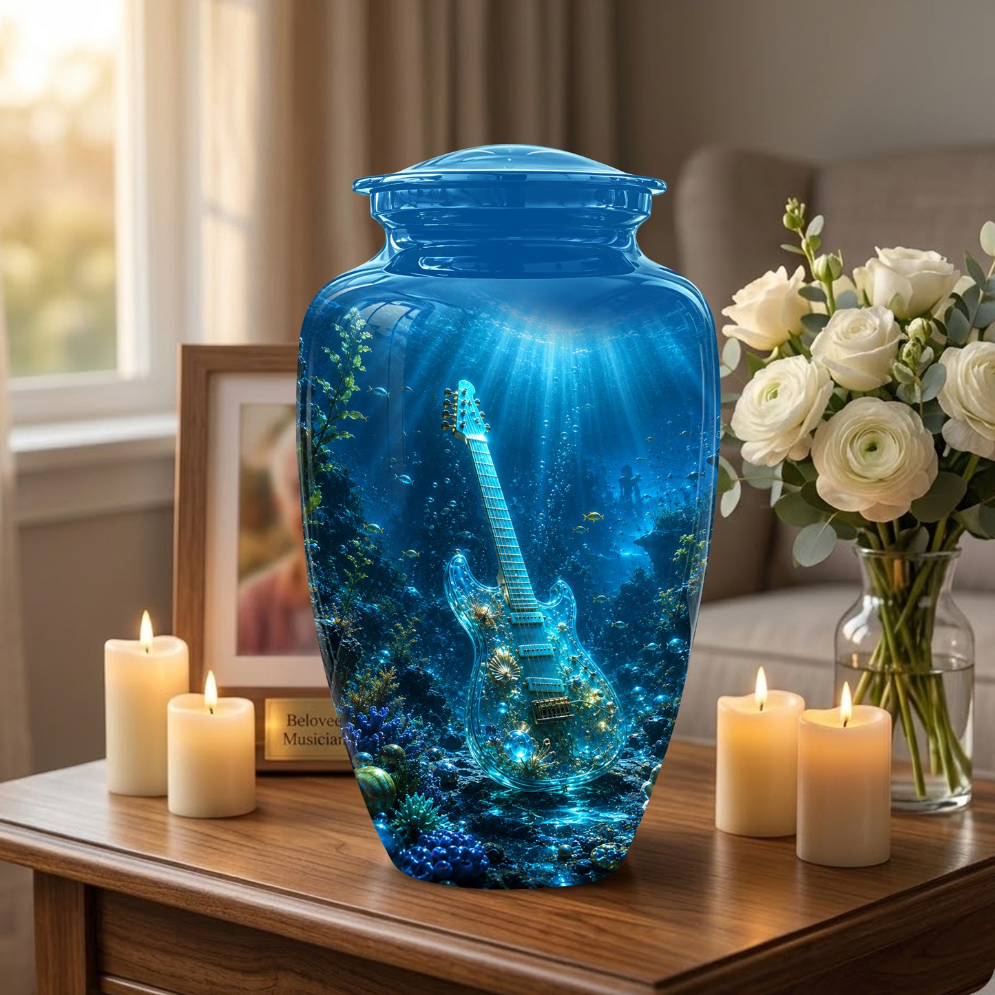 Underwater Guitar Themed Urn -Peaceful Memorial Tribute Urns For Ashes