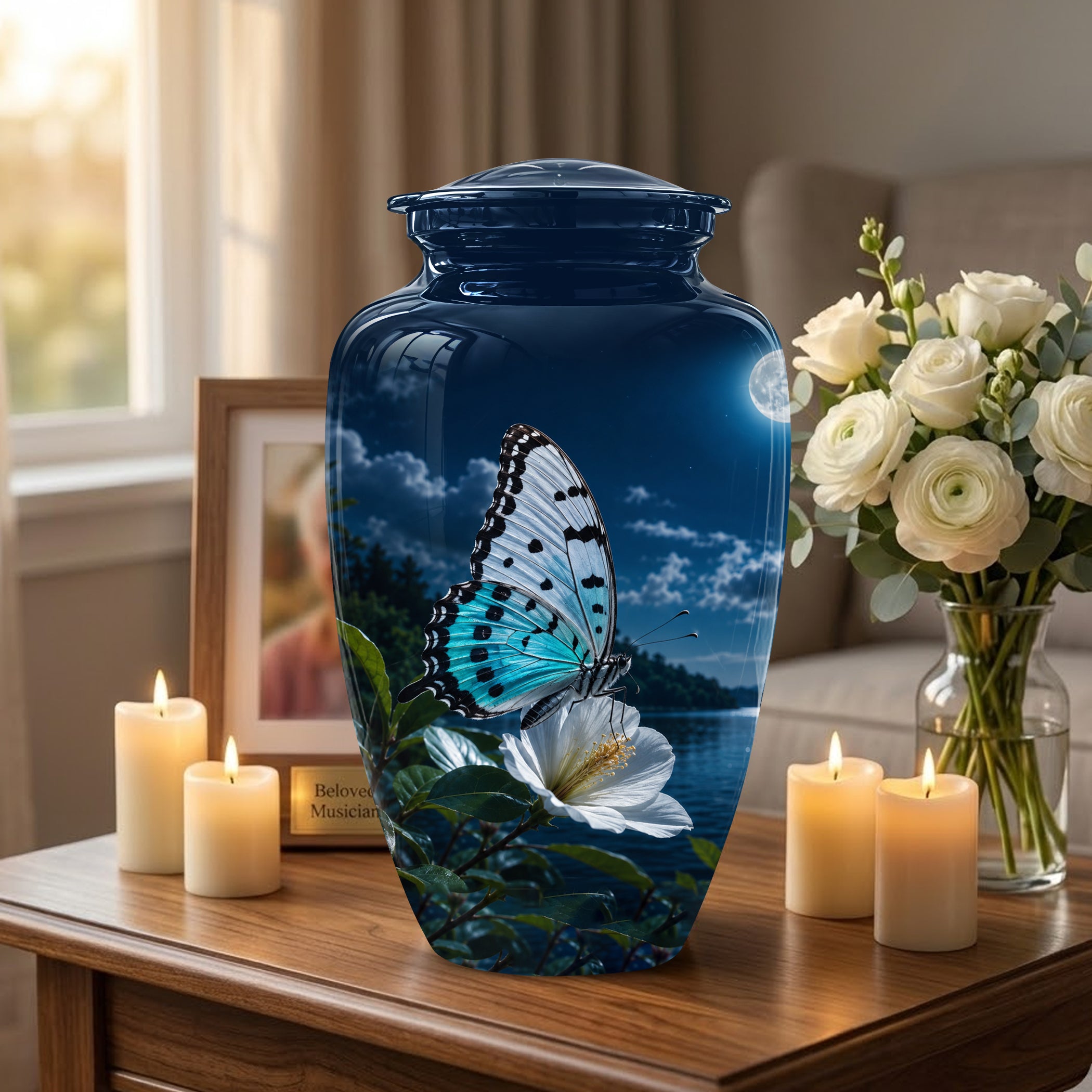 Colorful Butterfly On Flower Urn For Mom - Moonlight Memorial Urns