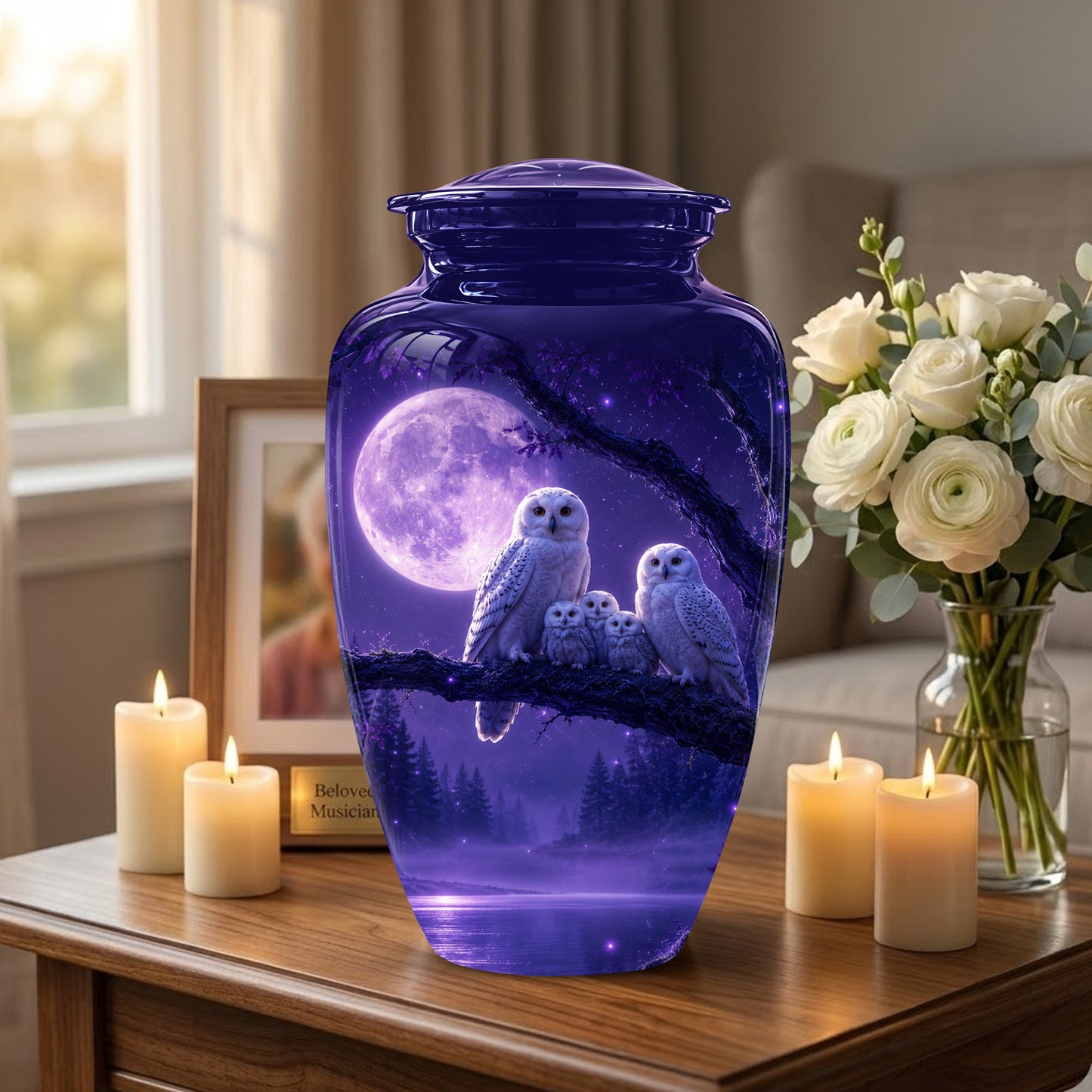 Purple Owl Cremation Urn - Handcrafted Memorial Urn For Adults Ashes