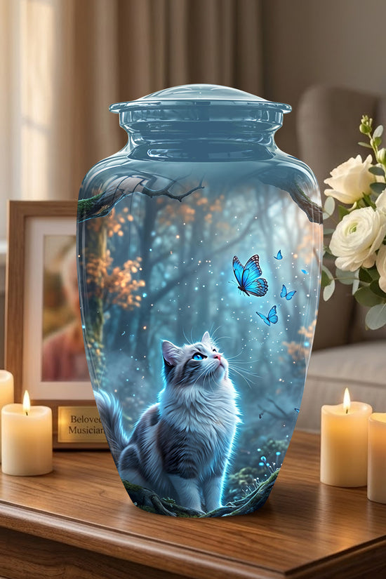 White Cat With Flying Butterfly - Custom Handcrafted Urns For Humans