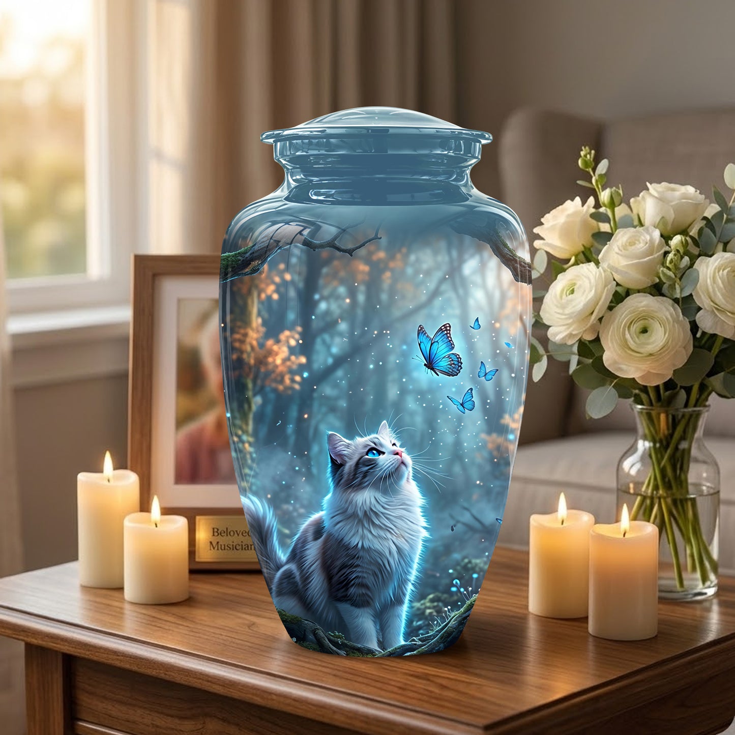White Cat With Flying Butterfly - Custom Handcrafted Urns For Humans