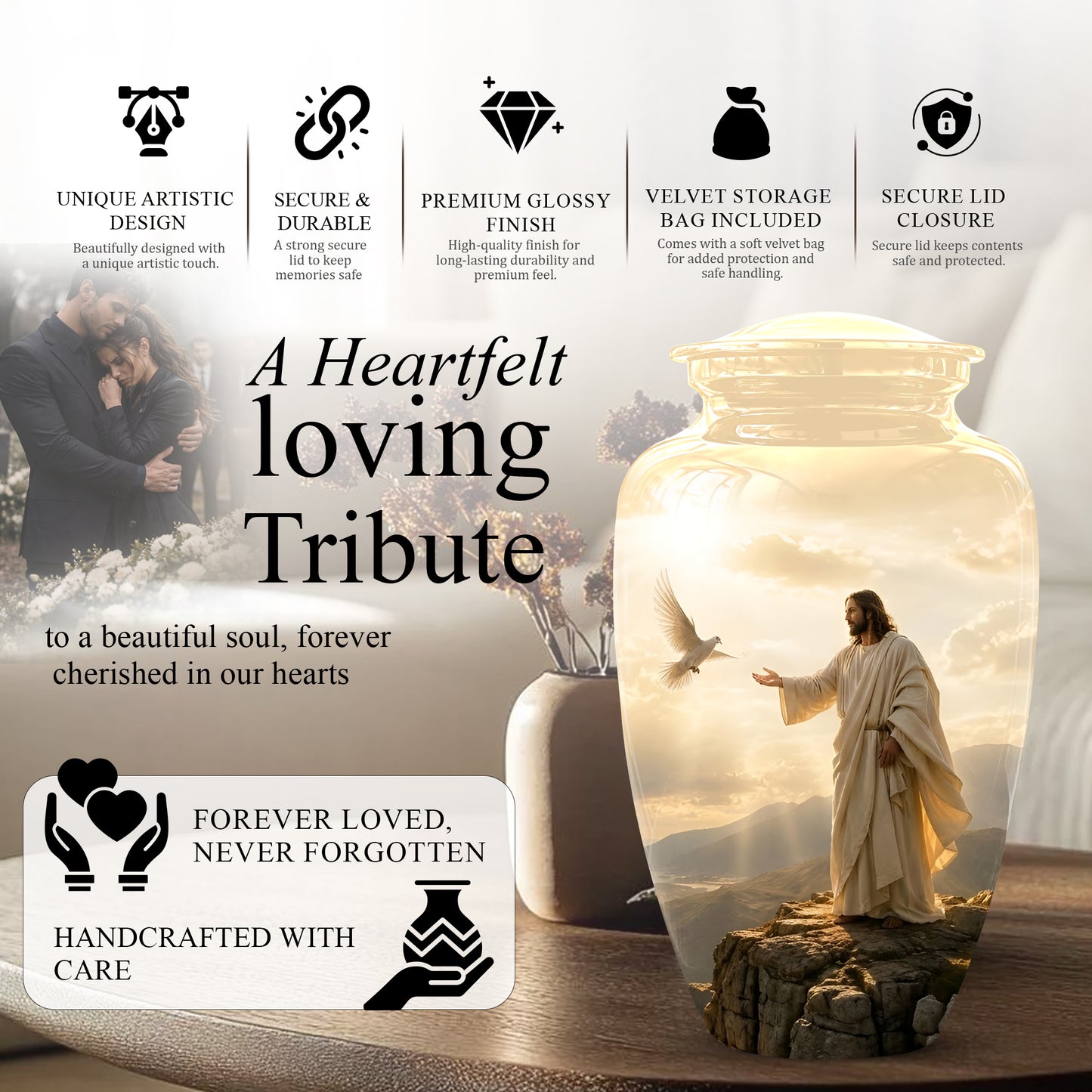 Jesus With Dove Themed Urn - Peaceful Eternal Rest Urn For Human Ashes