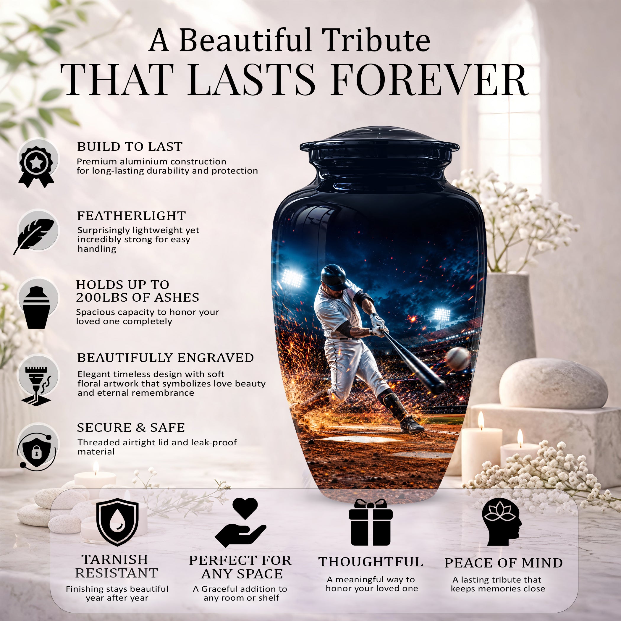 Elegant Baseball Funeral Urn - Decorative Burial Urns For Human Ashes