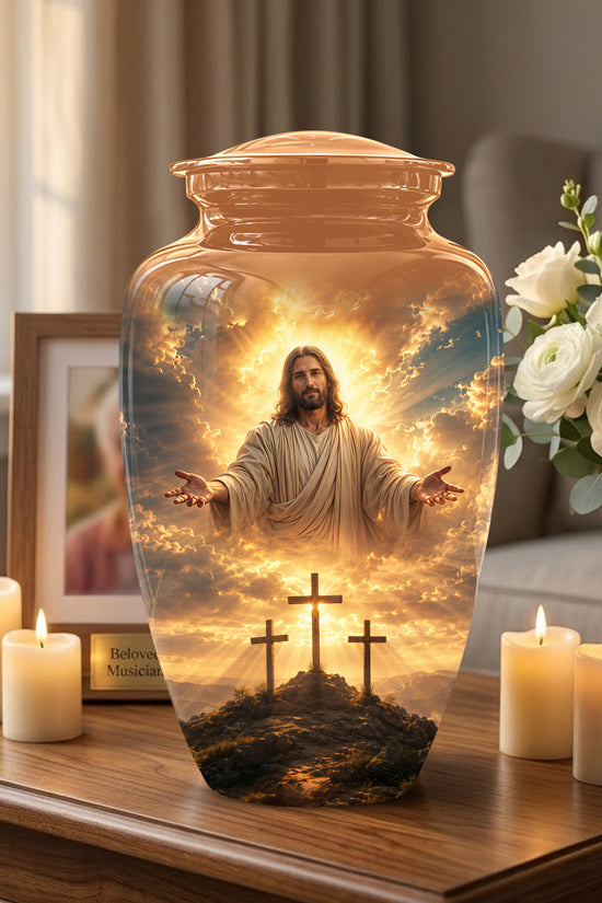 Christian Cross Themed Urn - Sunset Jesus Urns For Spiritual Human Ashes