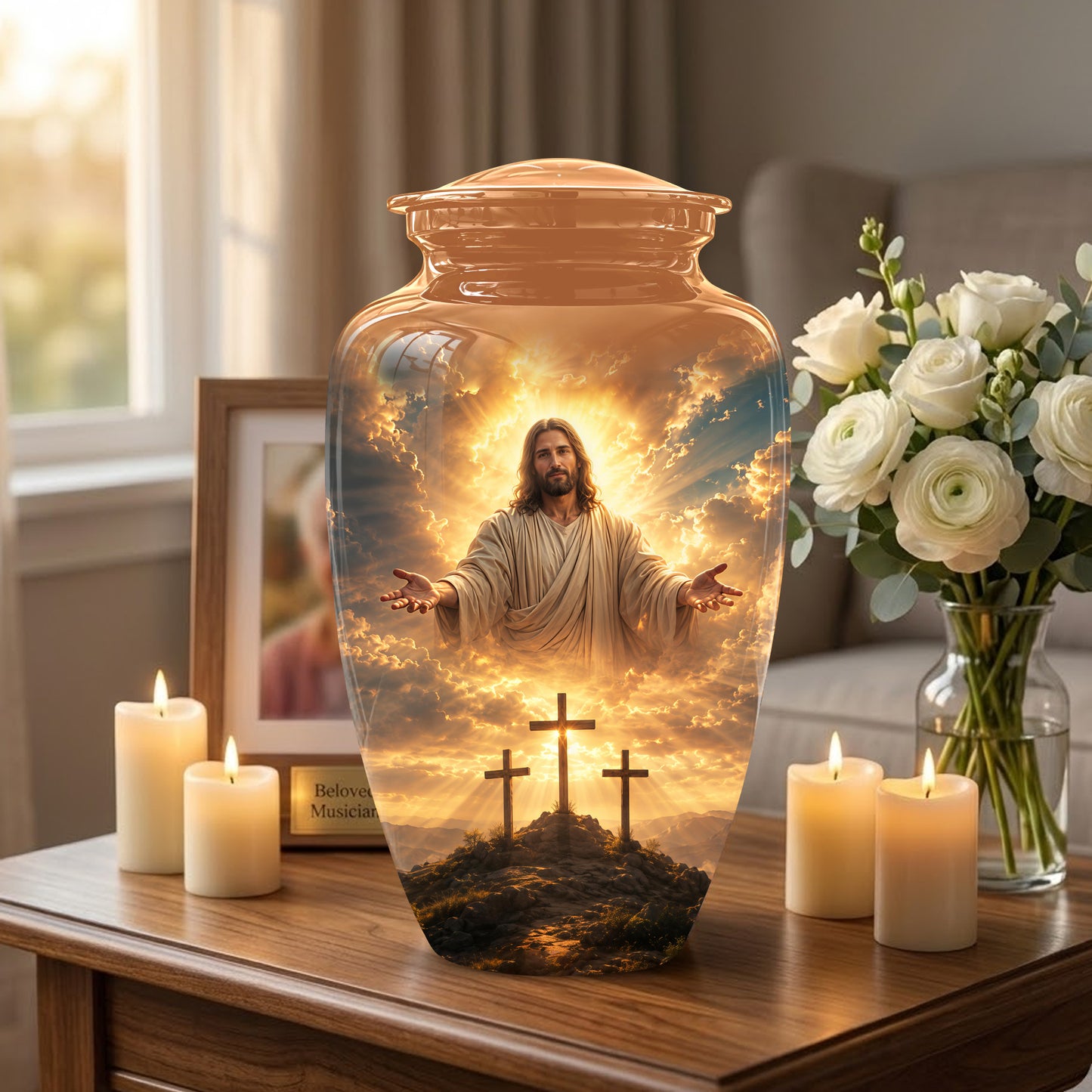 Christian Cross Themed Urn - Sunset Jesus Urns For Spiritual Human Ashes