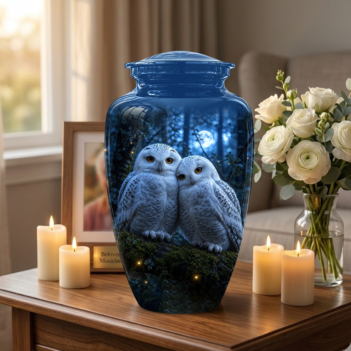 Snowy Owl Cremation Urn - Majestic Blue Memorial Urns For Human Ashes