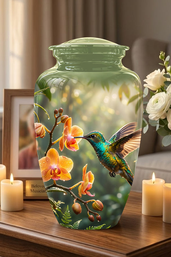Colorful Hummingbird Urn - Green Cremation Urn For Nature Lovers Ashes