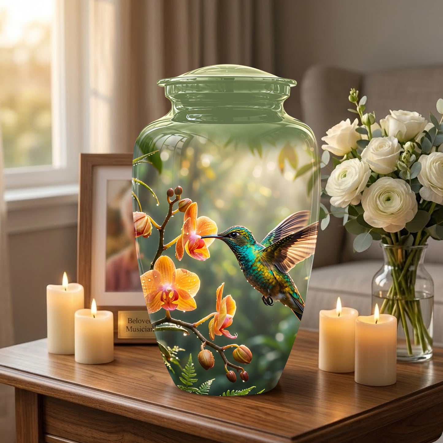 Colorful Hummingbird Urn - Green Cremation Urn For Nature Lovers Ashes