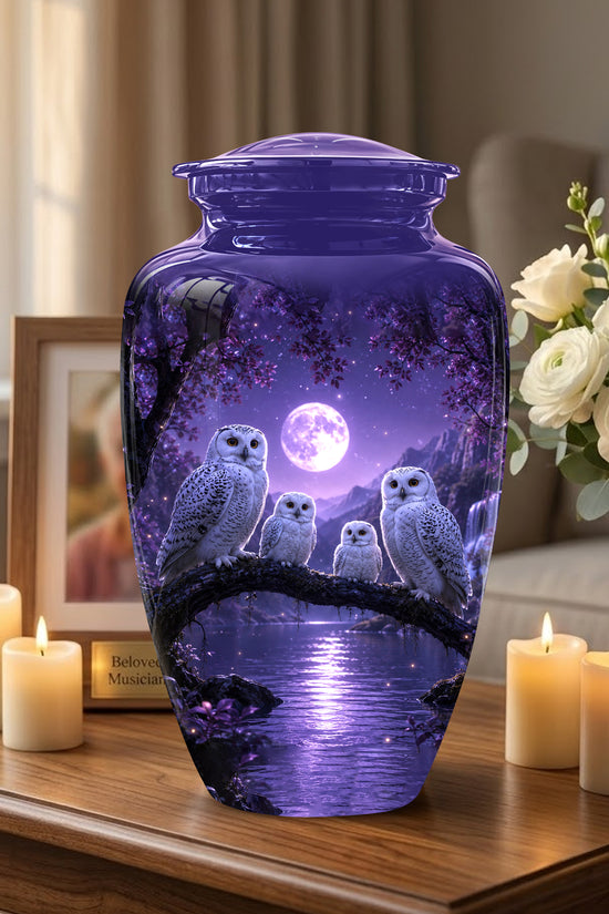 Snowy Owl Family Themed Cremation Urn - Purple Moonlight Memorial Urns