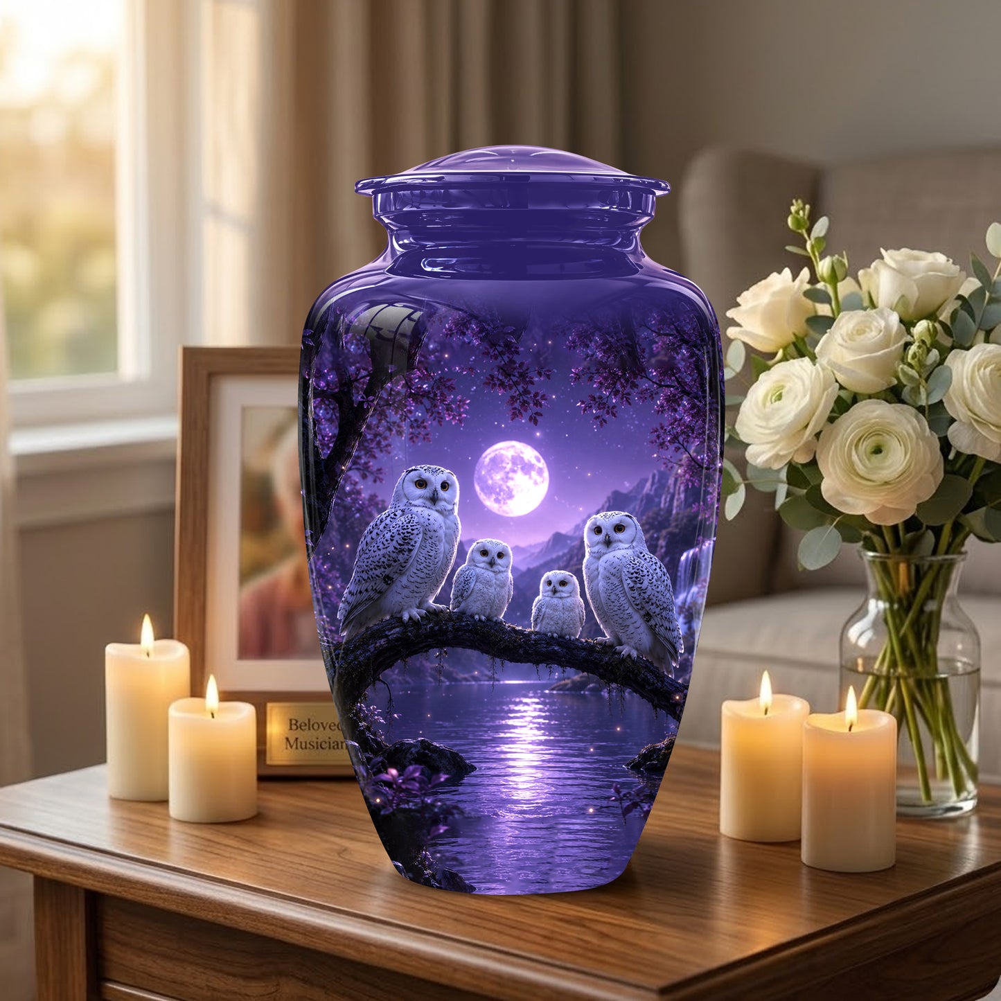 Snowy Owl Family Themed Cremation Urn - Purple Moonlight Memorial Urns