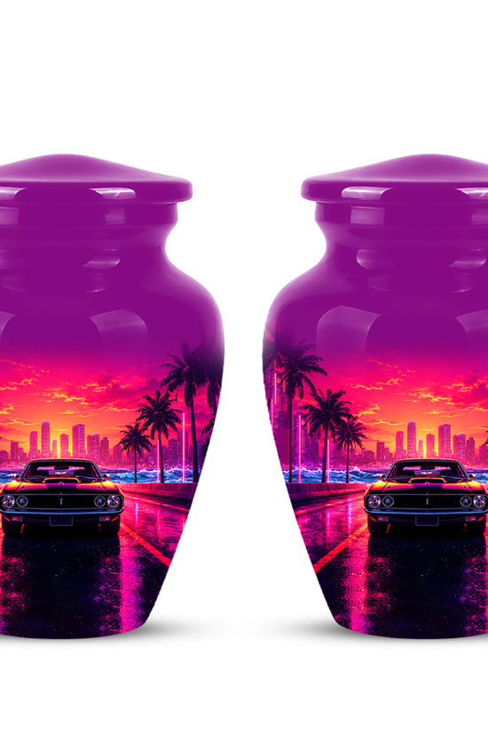 Neon Sunset Cityscape Sports Car Urn - Artistic Cremation Urn On Sale