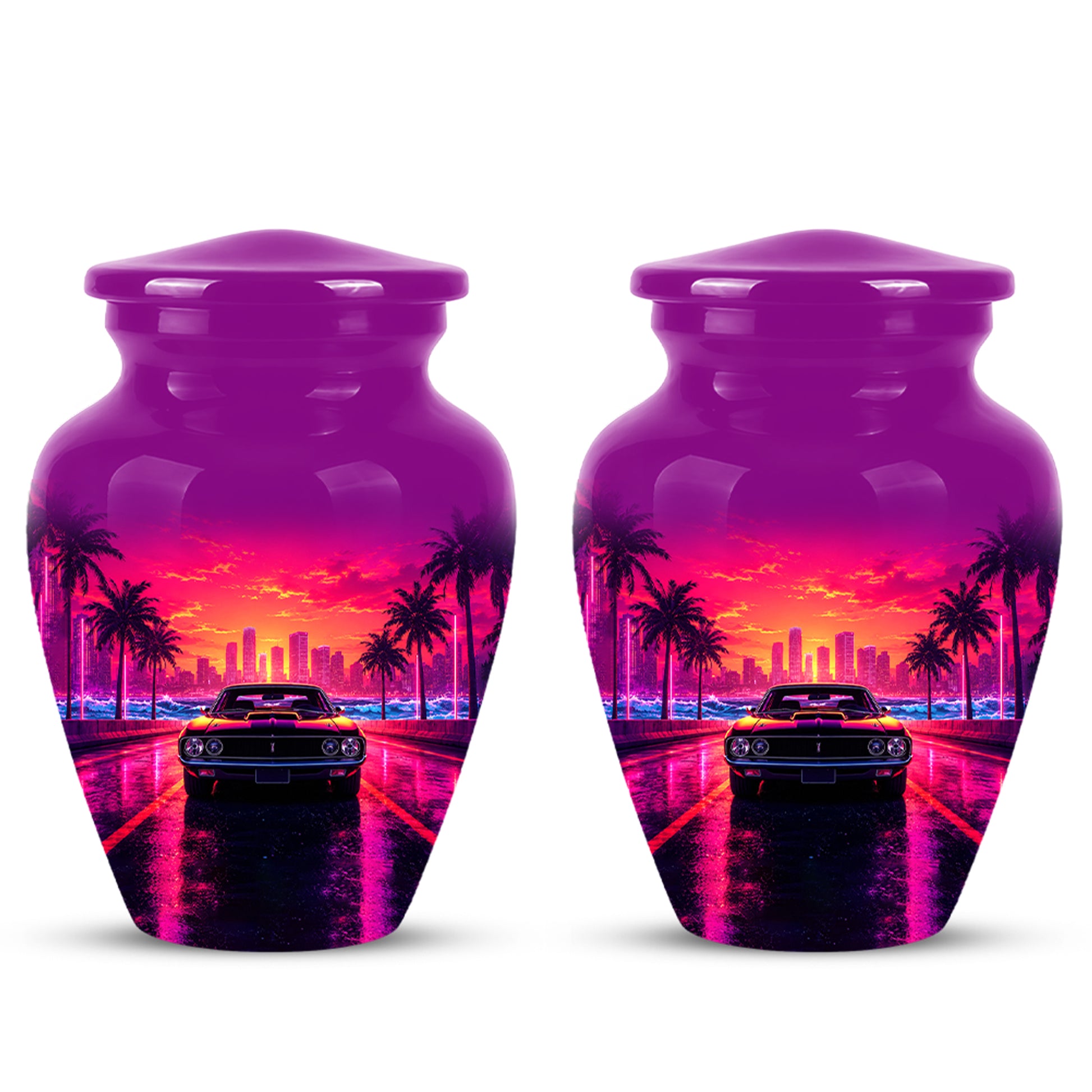 Neon Sunset Cityscape Sports Car Urn - Artistic Cremation Urn On Sale